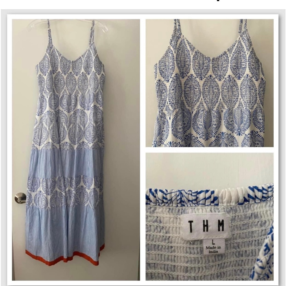 THML maxi dress Size L. Precious smocked at top, adjustable straps, orange trim